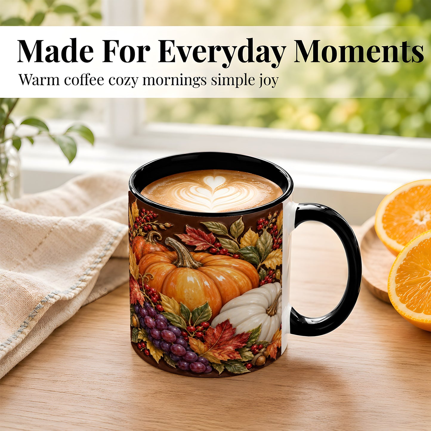 #pl[11oz|Black] Ornate Pumpkin Harvest Coffee Mug, Autumn Leaves Mug, Ceramic Cup