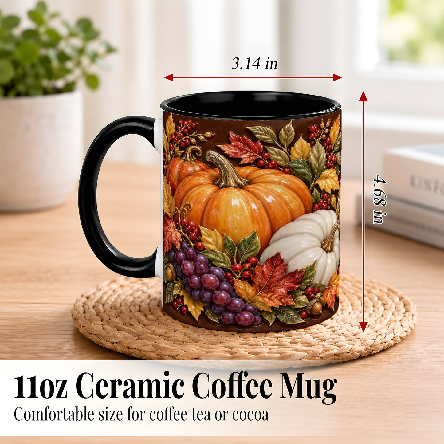#pl[11oz|Black] Ornate Pumpkin Harvest Coffee Mug, Autumn Leaves Mug, Ceramic Cup