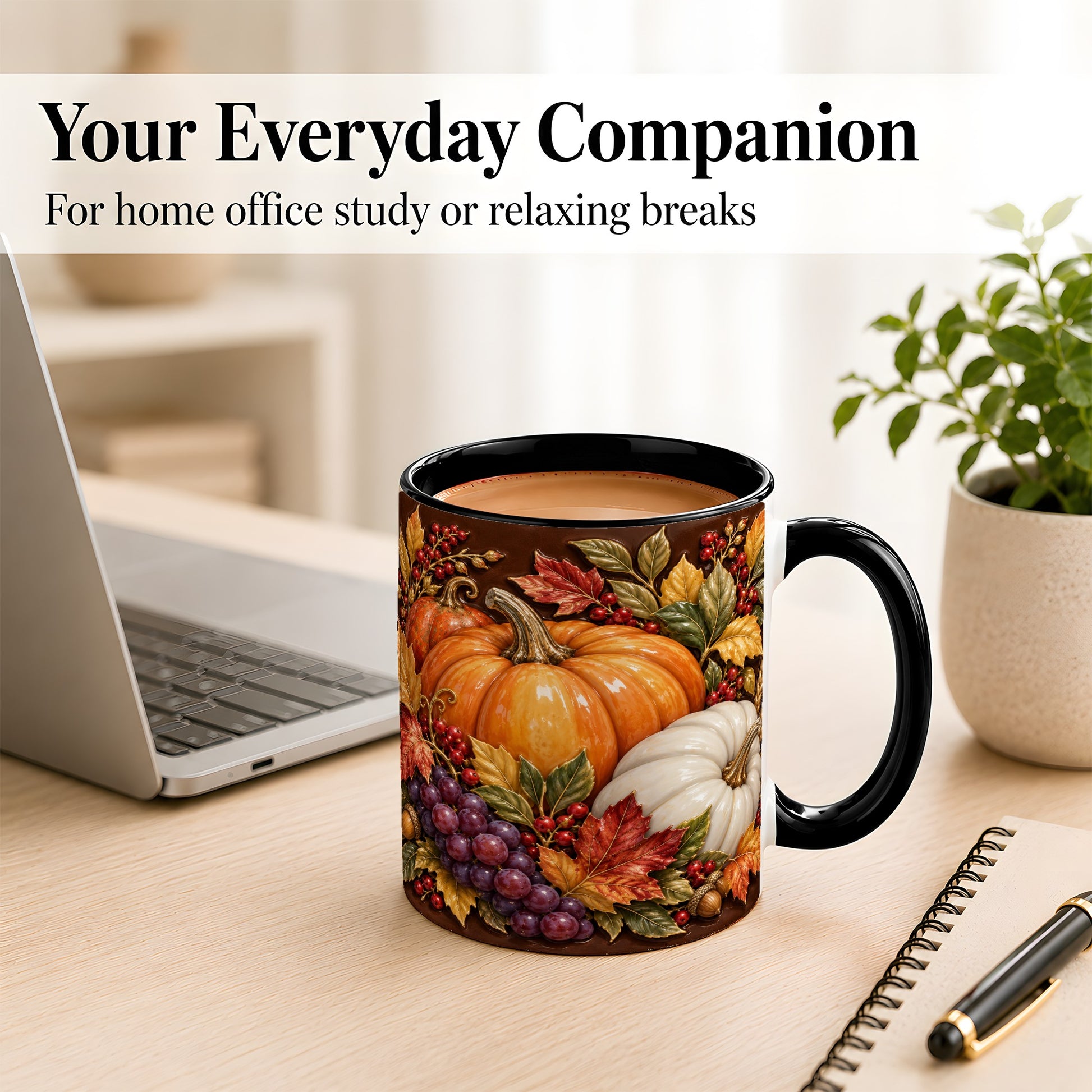 #pl[11oz|Black] Ornate Pumpkin Harvest Coffee Mug, Autumn Leaves Mug, Ceramic Cup