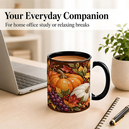 #pl[11oz|Black] Ornate Pumpkin Harvest Coffee Mug, Autumn Leaves Mug, Ceramic Cup