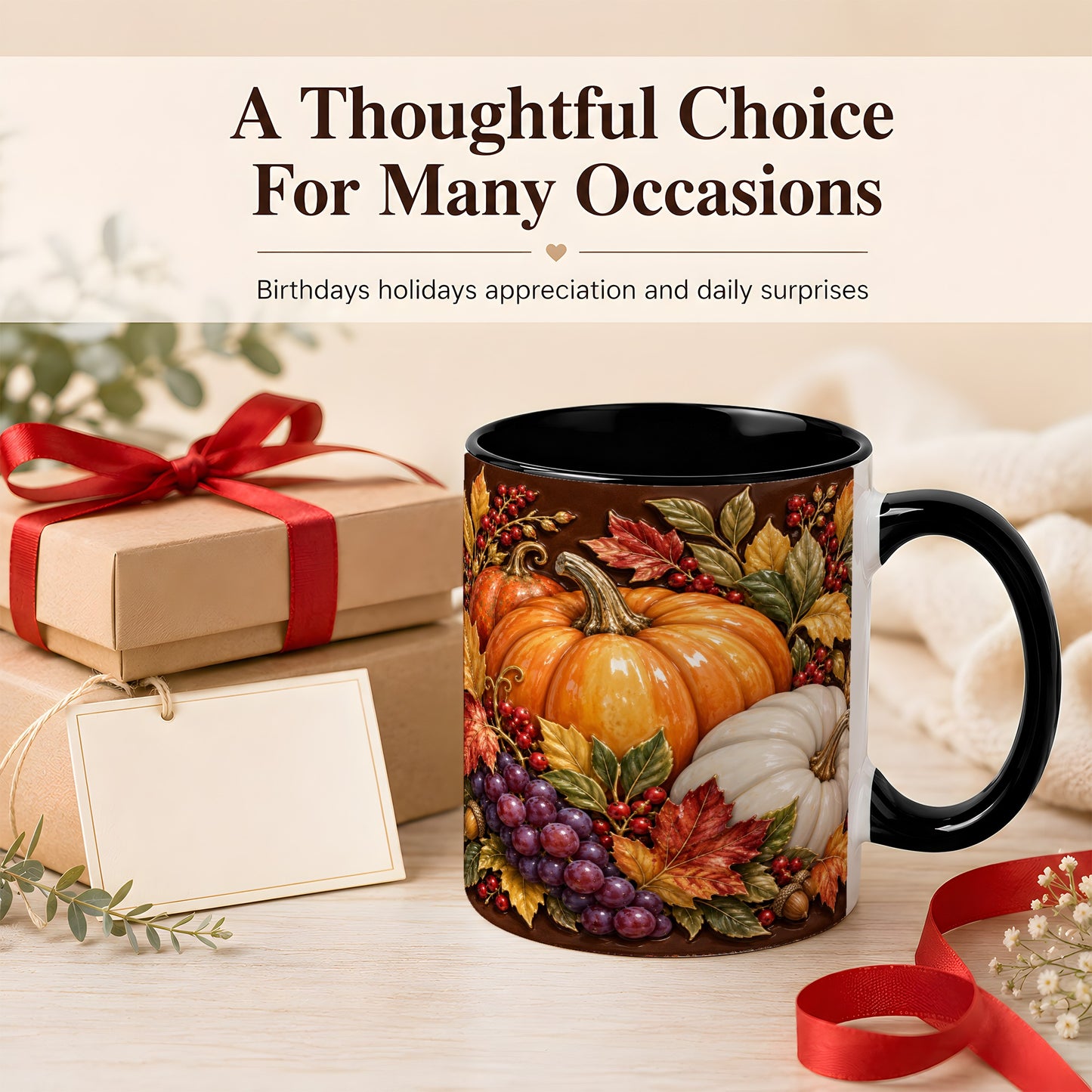#pl[11oz|Black] Ornate Pumpkin Harvest Coffee Mug, Autumn Leaves Mug, Ceramic Cup