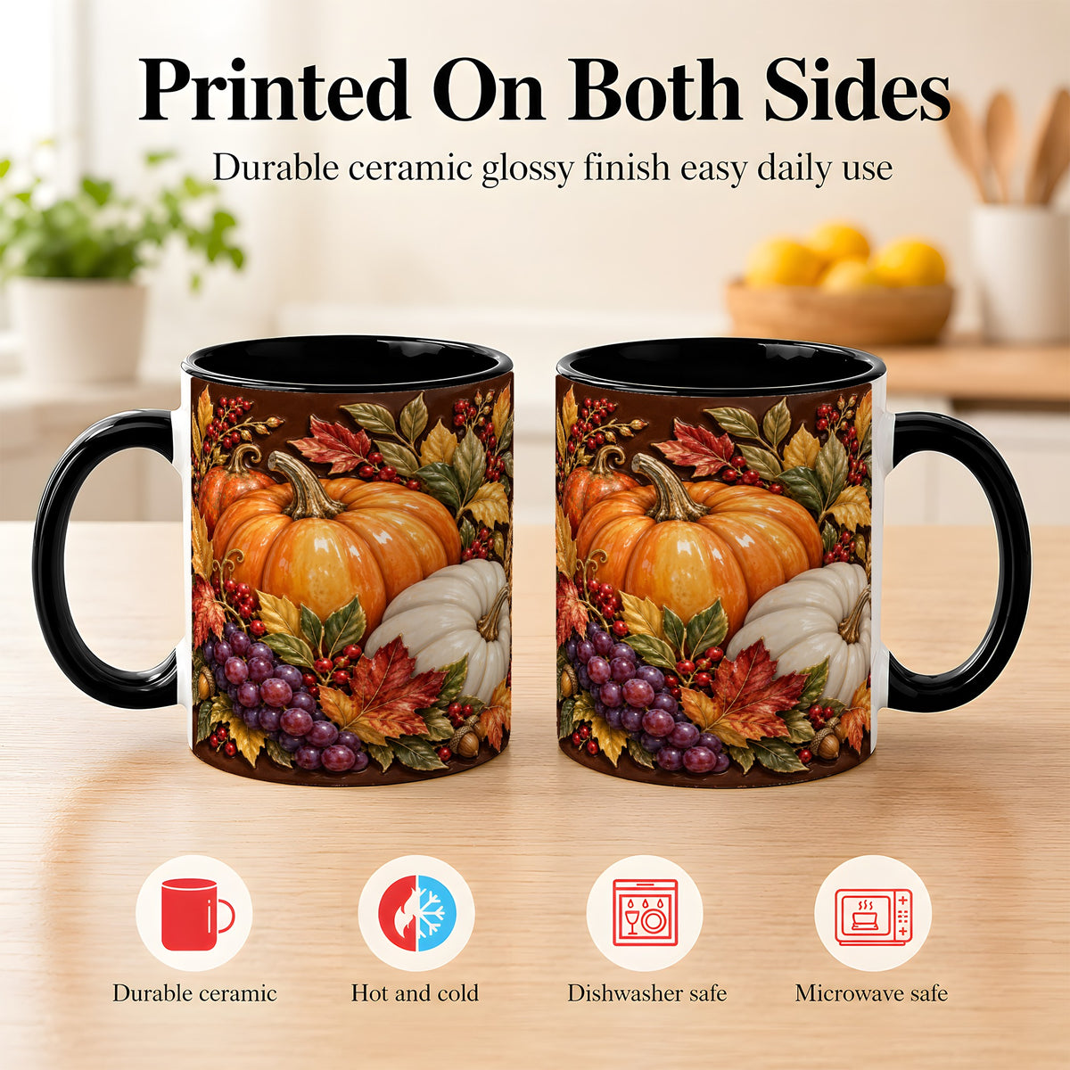 #pl[11oz|Black] Ornate Pumpkin Harvest Coffee Mug, Autumn Leaves Mug, Ceramic Cup