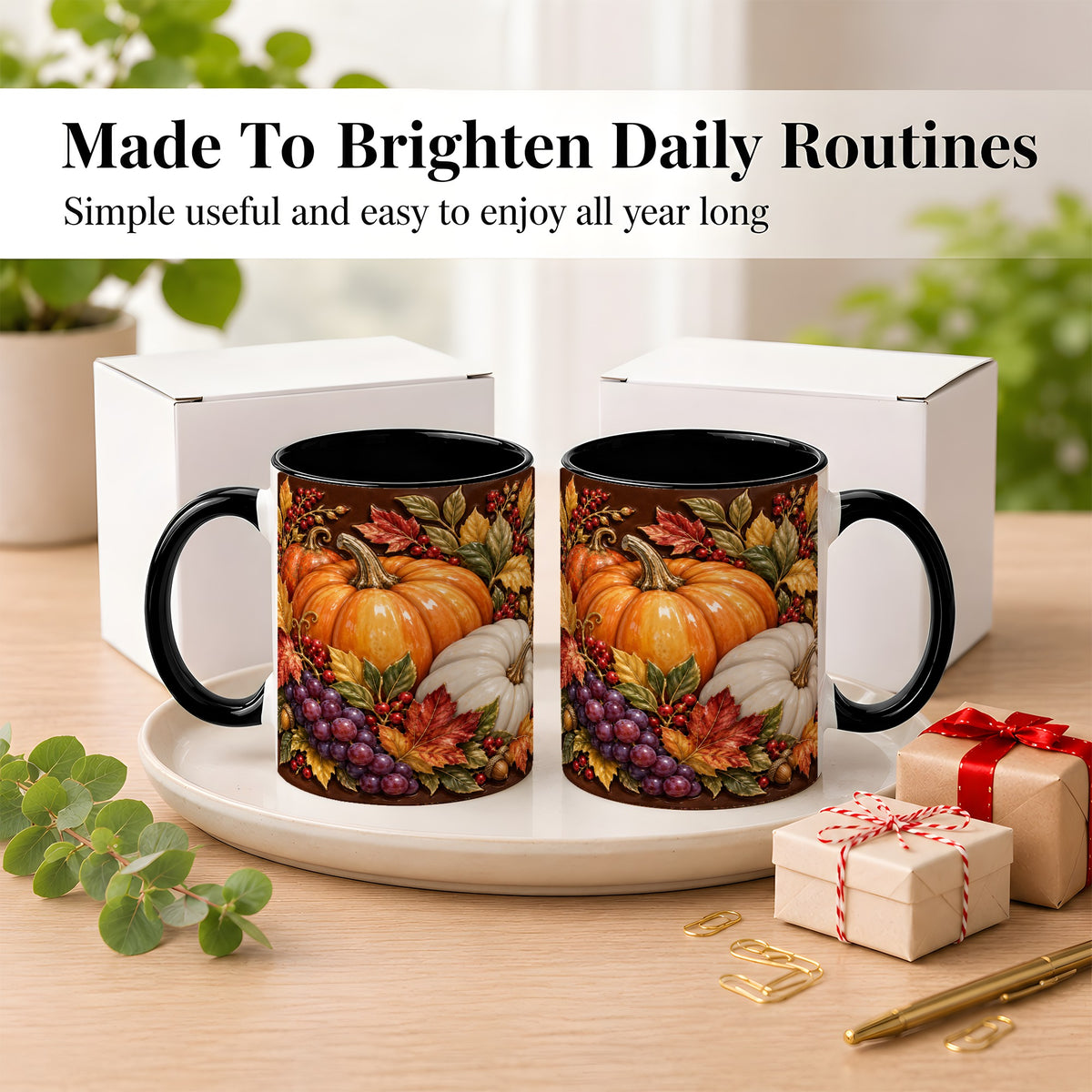 #pl[11oz|Black] Ornate Pumpkin Harvest Coffee Mug, Autumn Leaves Mug, Ceramic Cup