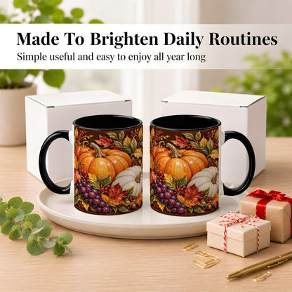 #pl[11oz|Black] Ornate Pumpkin Harvest Coffee Mug, Autumn Leaves Mug, Ceramic Cup