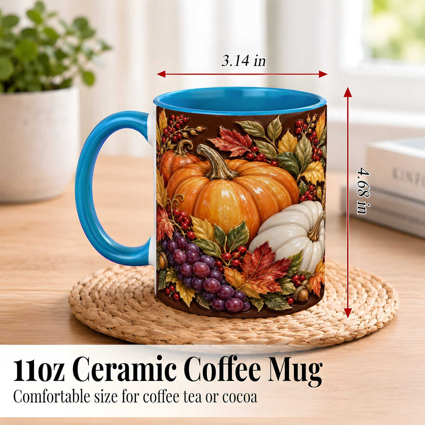 #pl[11oz|Blue] Ornate Pumpkin Harvest Coffee Mug, Autumn Leaves Mug, Ceramic Cup