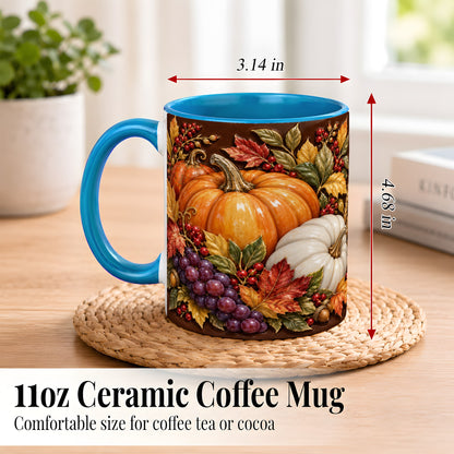 #pl[11oz|Blue] Ornate Pumpkin Harvest Coffee Mug, Autumn Leaves Mug, Ceramic Cup