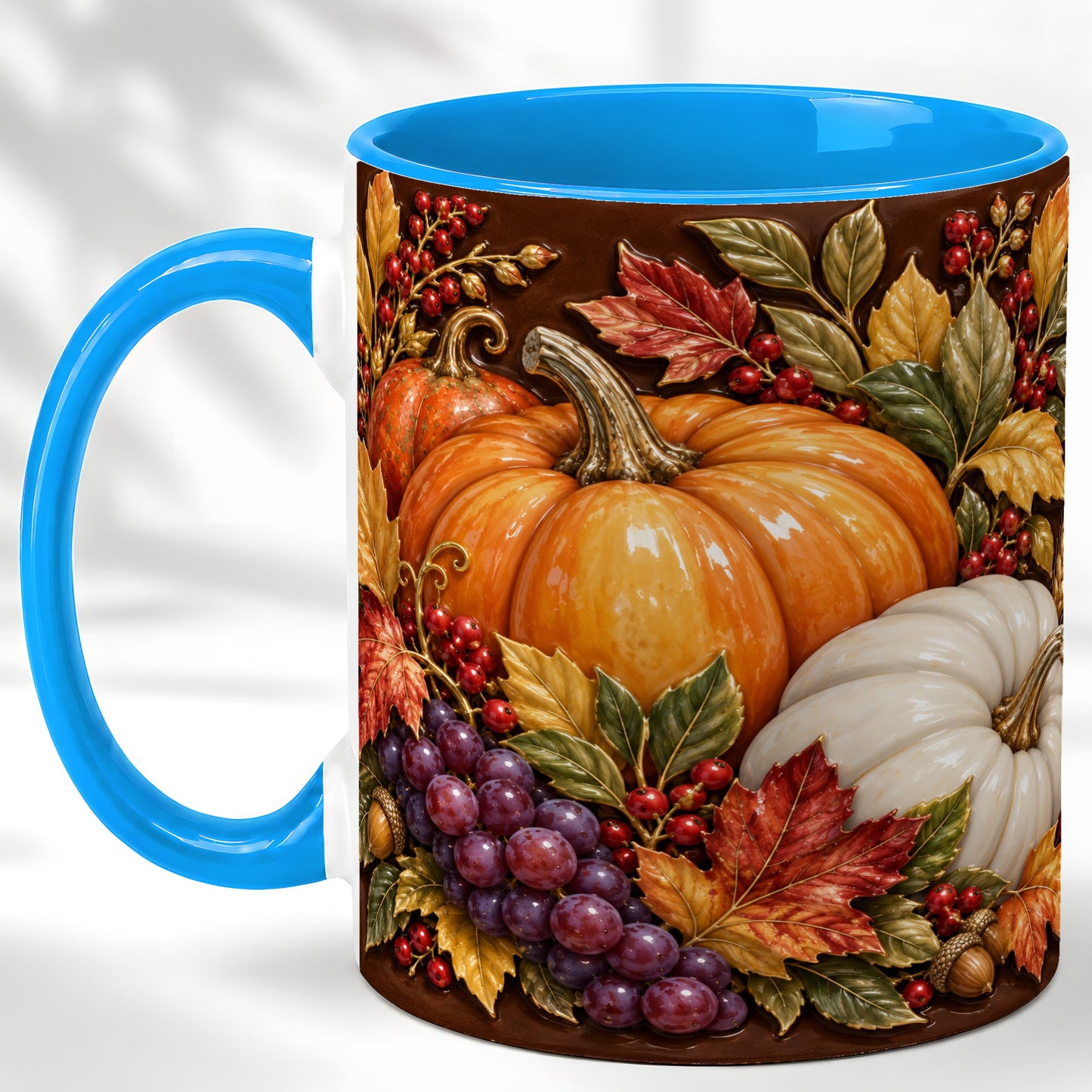 #pl[11oz|Blue] Ornate Pumpkin Harvest Coffee Mug, Autumn Leaves Mug, Ceramic Cup