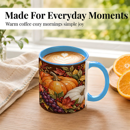 #pl[11oz|Blue] Ornate Pumpkin Harvest Coffee Mug, Autumn Leaves Mug, Ceramic Cup