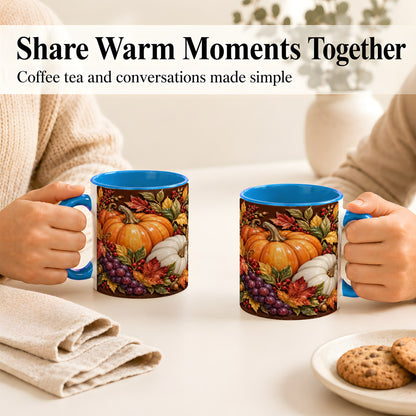 #pl[11oz|Blue] Ornate Pumpkin Harvest Coffee Mug, Autumn Leaves Mug, Ceramic Cup