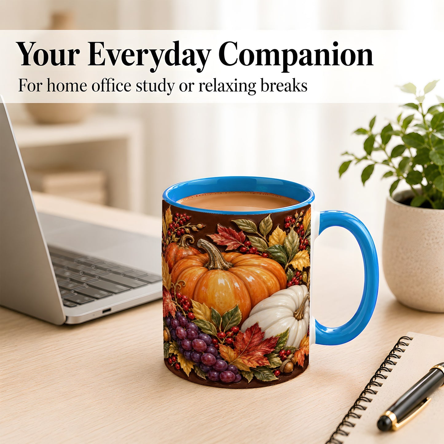 #pl[11oz|Blue] Ornate Pumpkin Harvest Coffee Mug, Autumn Leaves Mug, Ceramic Cup
