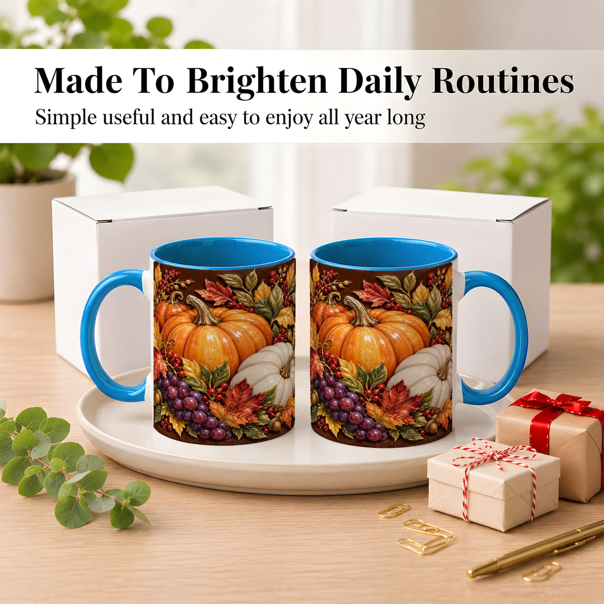 #pl[11oz|Blue] Ornate Pumpkin Harvest Coffee Mug, Autumn Leaves Mug, Ceramic Cup