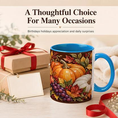 #pl[11oz|Blue] Ornate Pumpkin Harvest Coffee Mug, Autumn Leaves Mug, Ceramic Cup