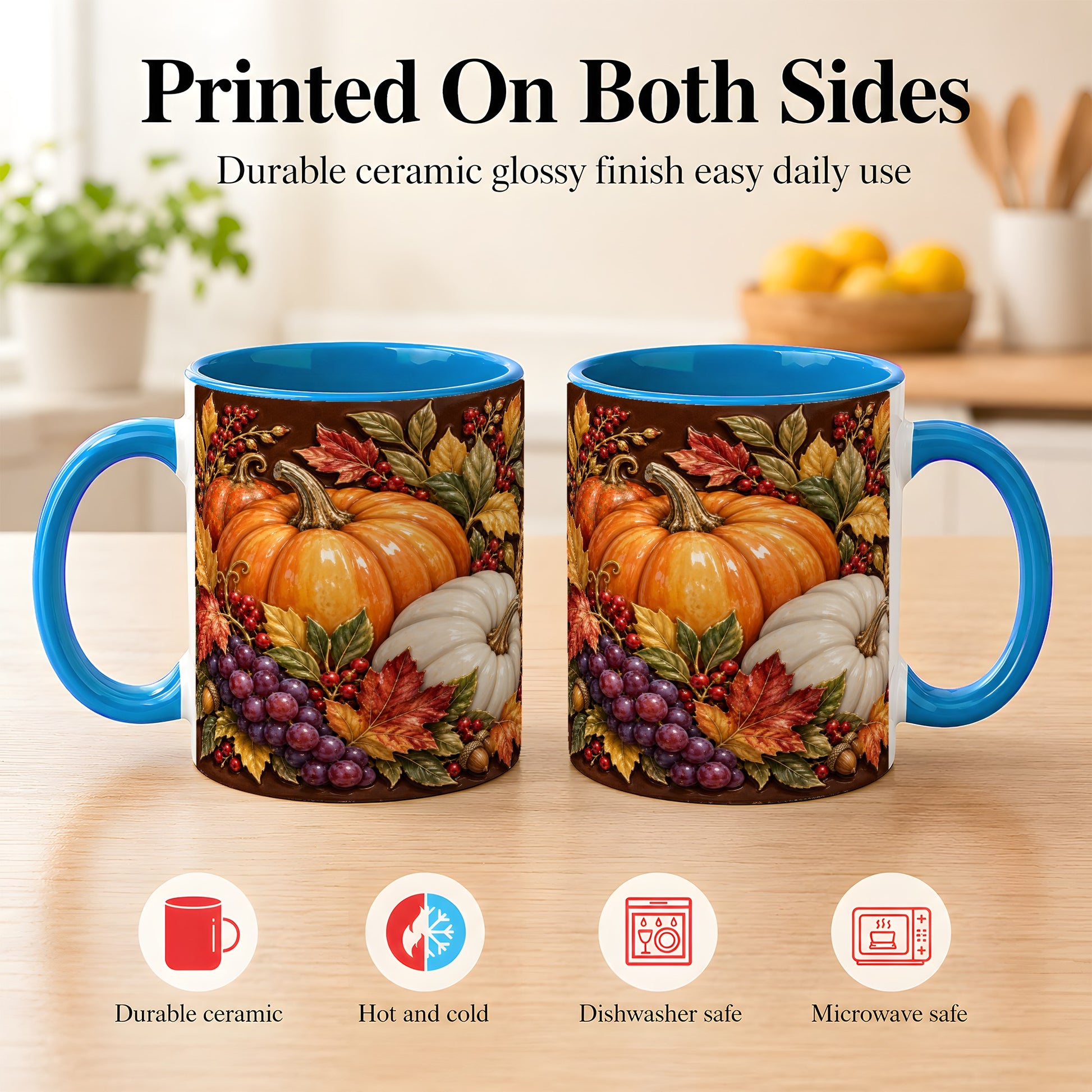 #pl[11oz|Blue] Ornate Pumpkin Harvest Coffee Mug, Autumn Leaves Mug, Ceramic Cup