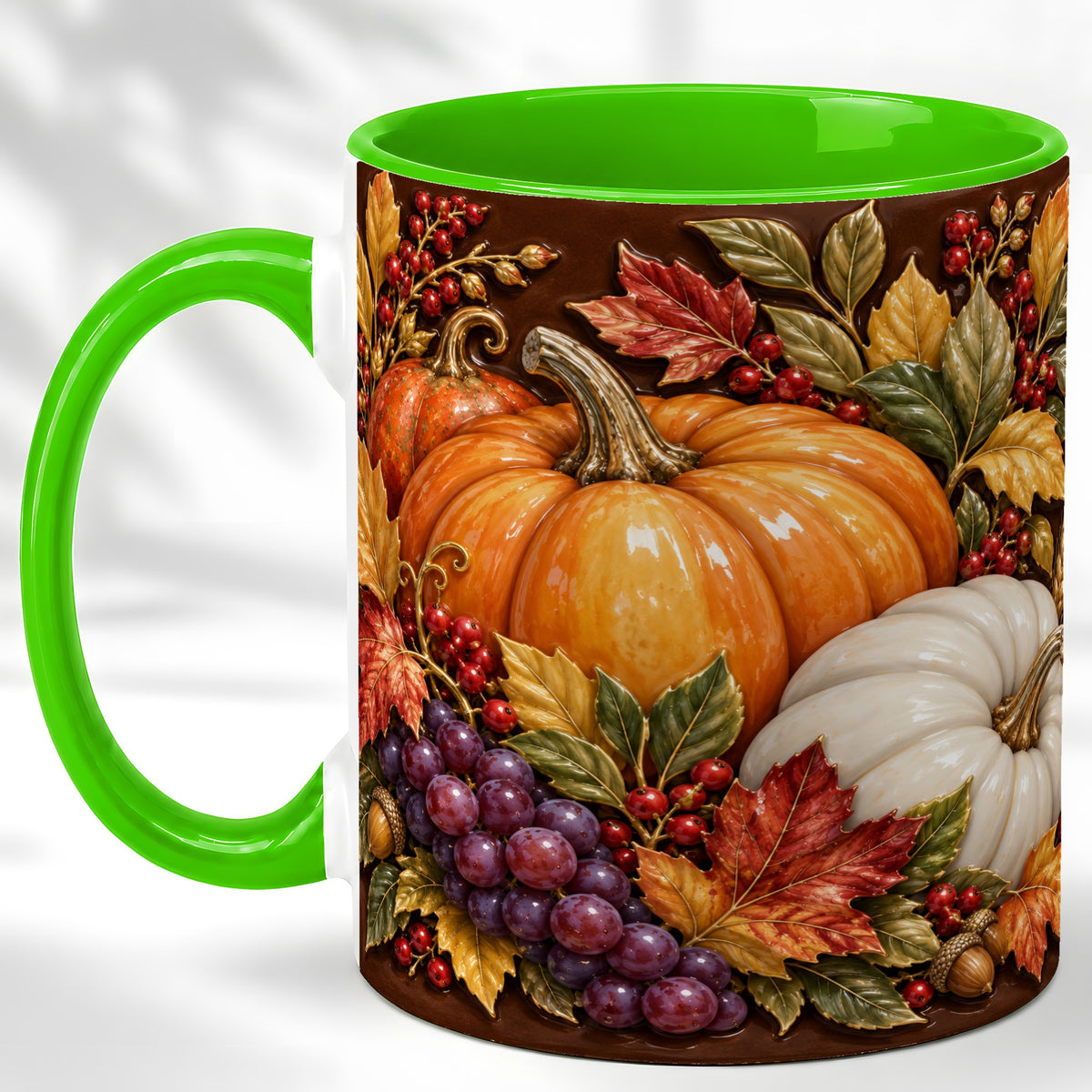 #pl[11oz|Green] Ornate Pumpkin Harvest Coffee Mug, Autumn Leaves Mug, Ceramic Cup