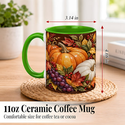 #pl[11oz|Green] Ornate Pumpkin Harvest Coffee Mug, Autumn Leaves Mug, Ceramic Cup