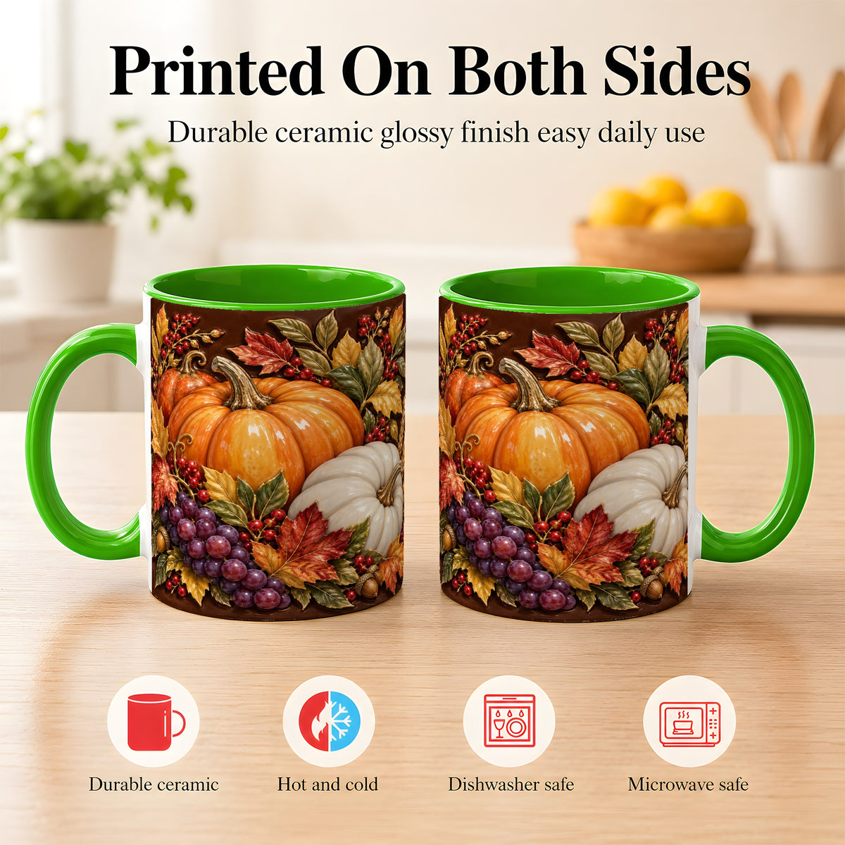 #pl[11oz|Green] Ornate Pumpkin Harvest Coffee Mug, Autumn Leaves Mug, Ceramic Cup