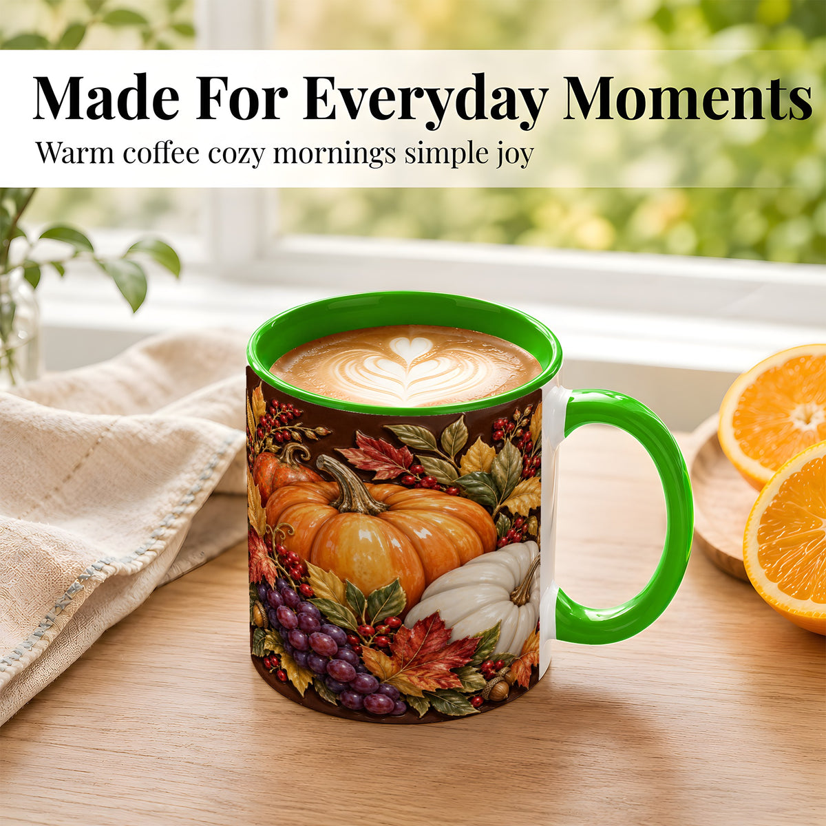 #pl[11oz|Green] Ornate Pumpkin Harvest Coffee Mug, Autumn Leaves Mug, Ceramic Cup