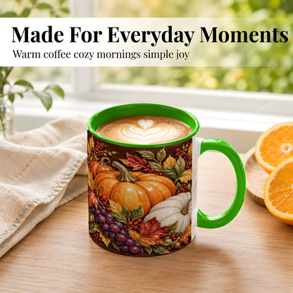 #pl[11oz|Green] Ornate Pumpkin Harvest Coffee Mug, Autumn Leaves Mug, Ceramic Cup