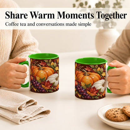#pl[11oz|Green] Ornate Pumpkin Harvest Coffee Mug, Autumn Leaves Mug, Ceramic Cup