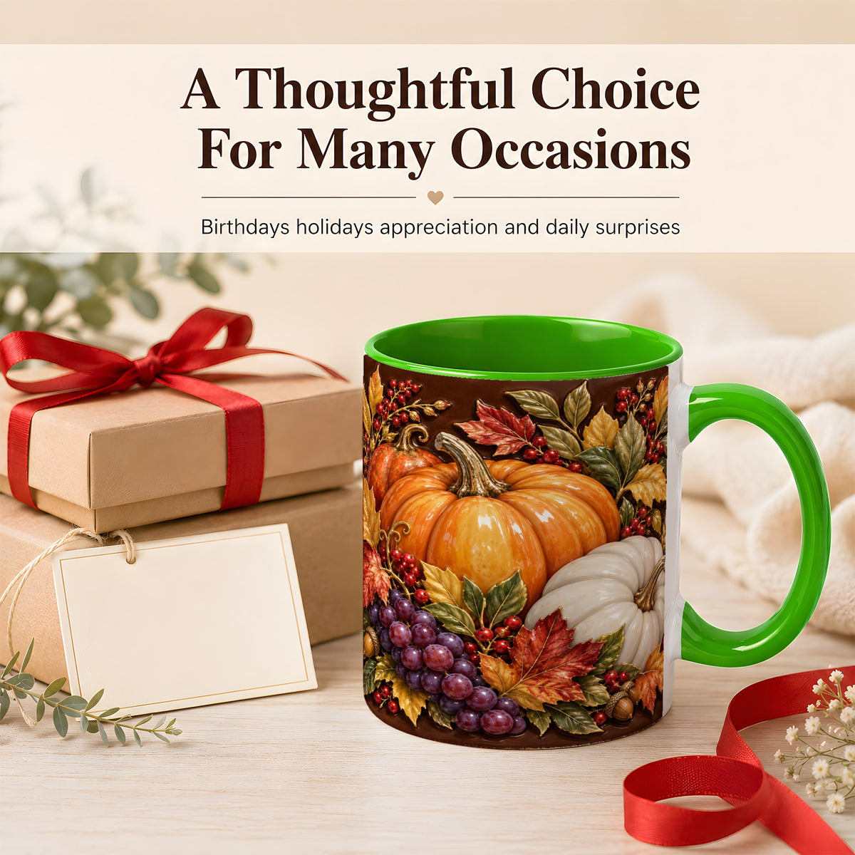 #pl[11oz|Green] Ornate Pumpkin Harvest Coffee Mug, Autumn Leaves Mug, Ceramic Cup