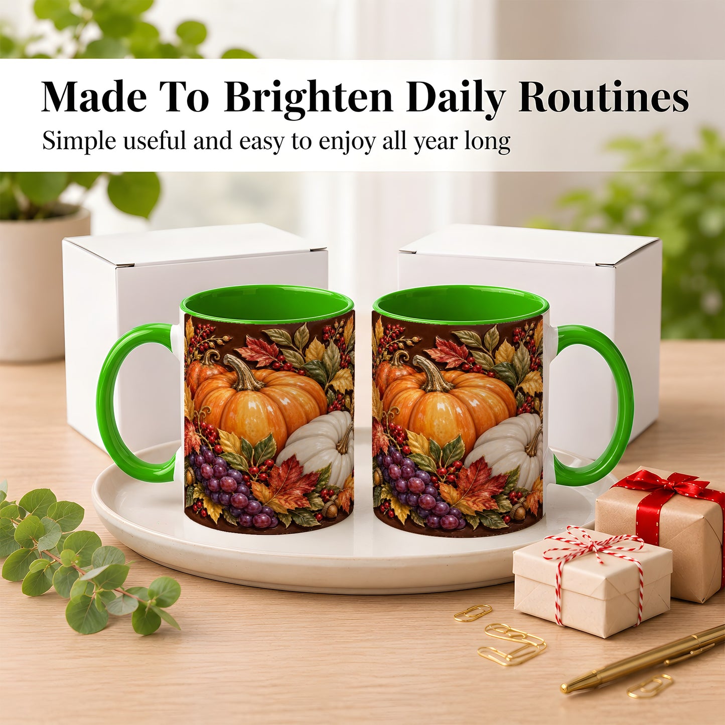 #pl[11oz|Green] Ornate Pumpkin Harvest Coffee Mug, Autumn Leaves Mug, Ceramic Cup