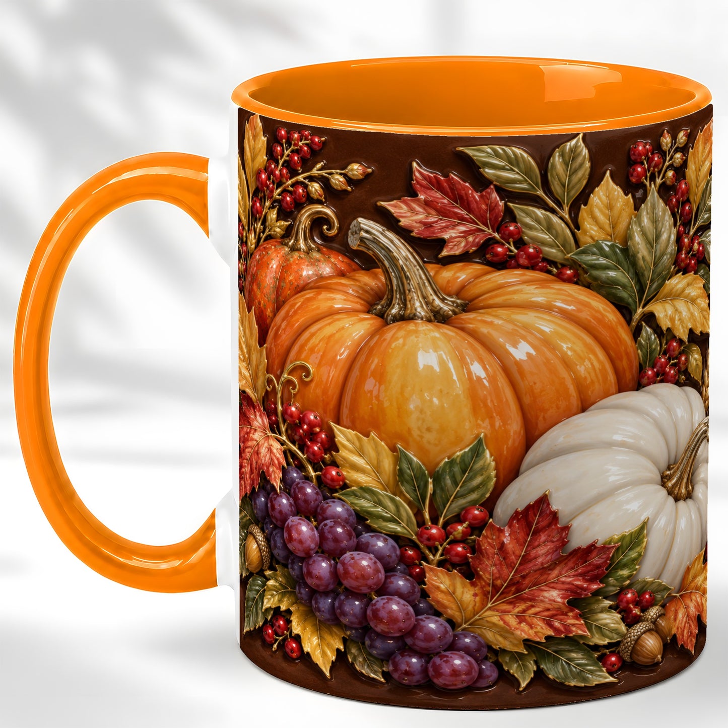 #pl[11oz|Orange] Ornate Pumpkin Harvest Coffee Mug, Autumn Leaves Mug, Ceramic Cup