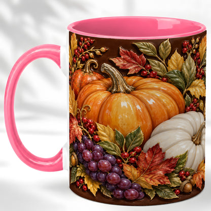 #pl[11oz|Pink] Ornate Pumpkin Harvest Coffee Mug, Autumn Leaves Mug, Ceramic Cup