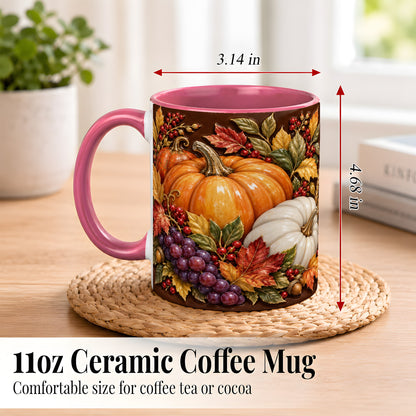 #pl[11oz|Pink] Ornate Pumpkin Harvest Coffee Mug, Autumn Leaves Mug, Ceramic Cup