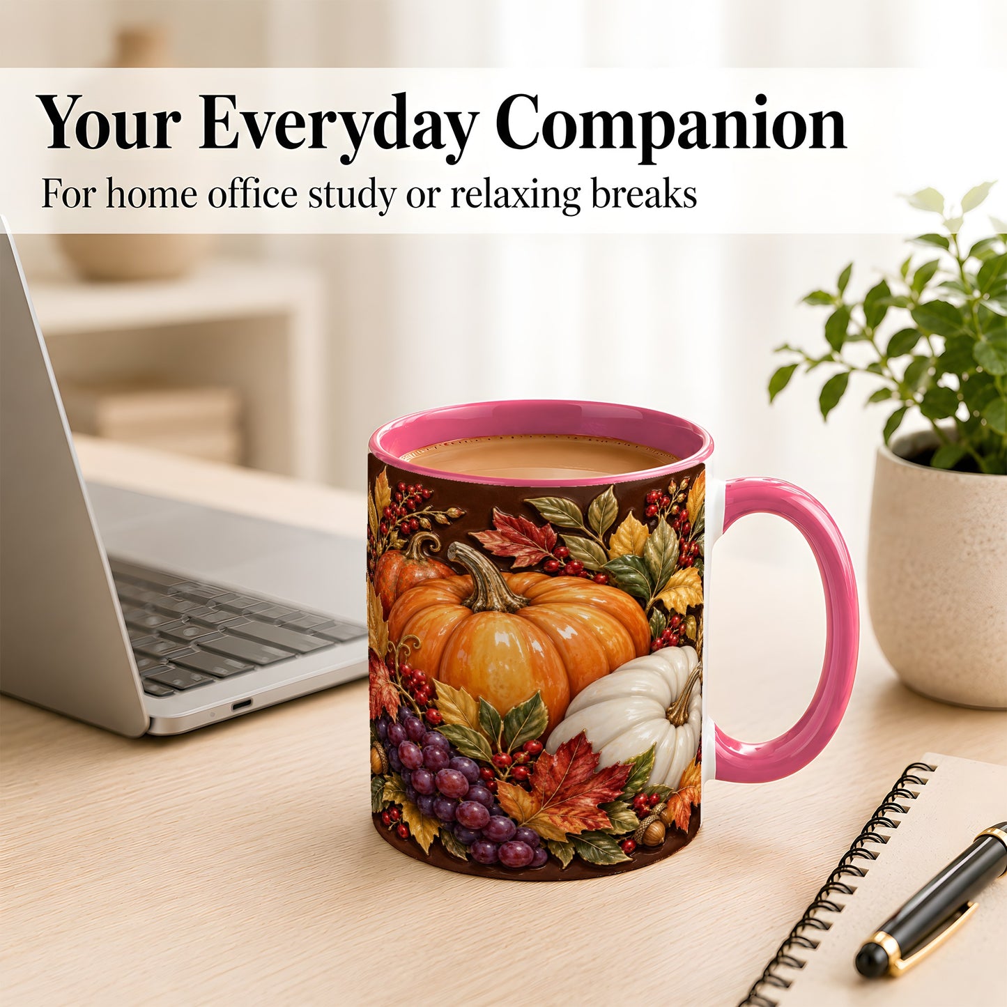 #pl[11oz|Pink] Ornate Pumpkin Harvest Coffee Mug, Autumn Leaves Mug, Ceramic Cup