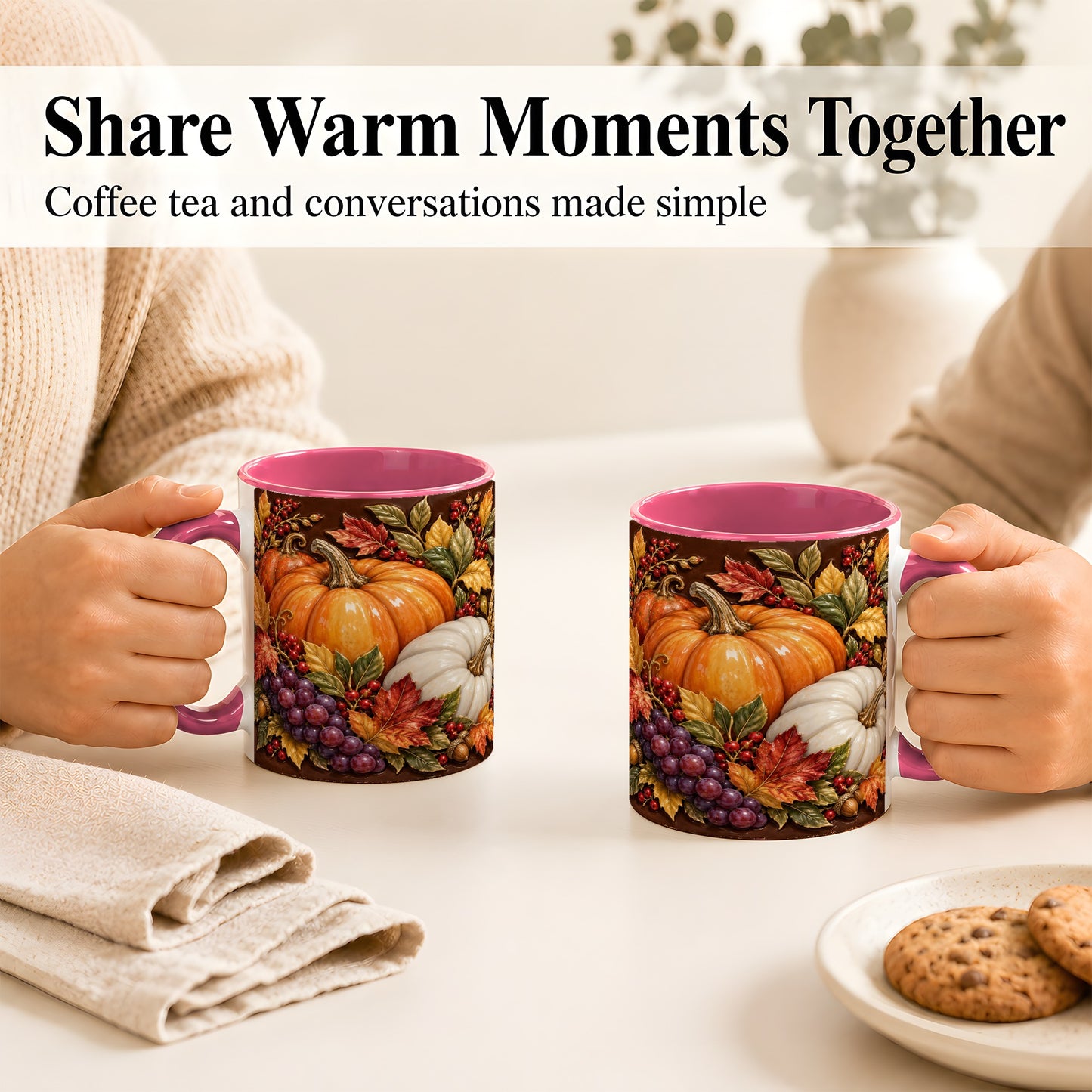 #pl[11oz|Pink] Ornate Pumpkin Harvest Coffee Mug, Autumn Leaves Mug, Ceramic Cup