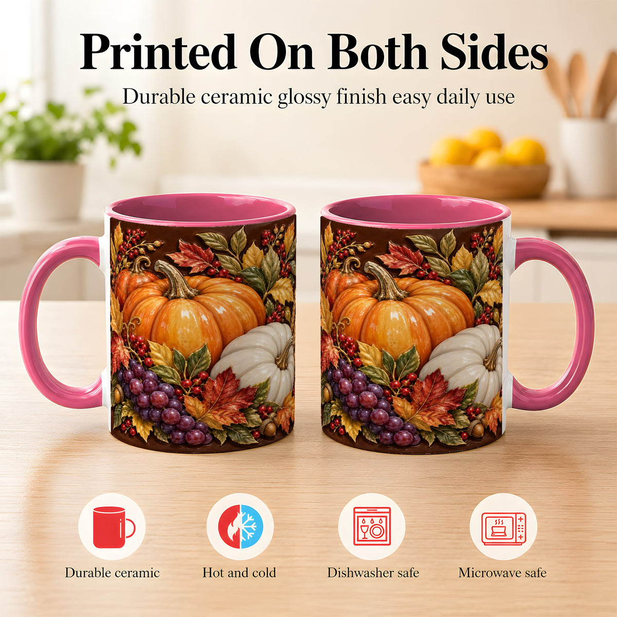 #pl[11oz|Pink] Ornate Pumpkin Harvest Coffee Mug, Autumn Leaves Mug, Ceramic Cup