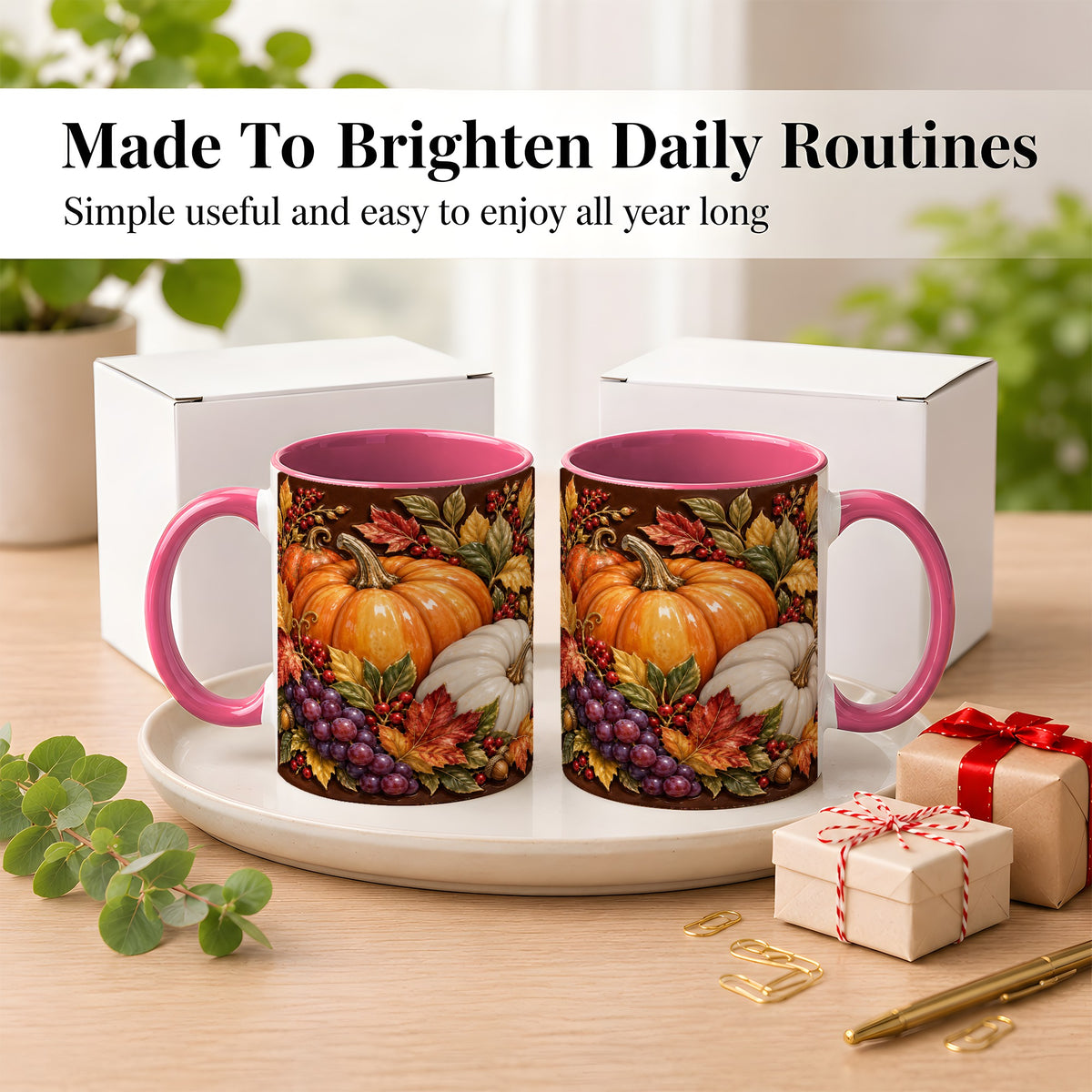 #pl[11oz|Pink] Ornate Pumpkin Harvest Coffee Mug, Autumn Leaves Mug, Ceramic Cup