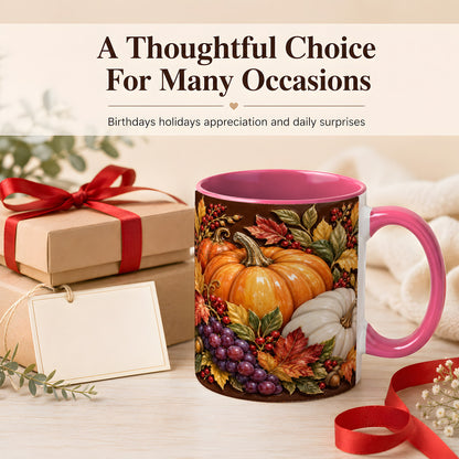 #pl[11oz|Pink] Ornate Pumpkin Harvest Coffee Mug, Autumn Leaves Mug, Ceramic Cup