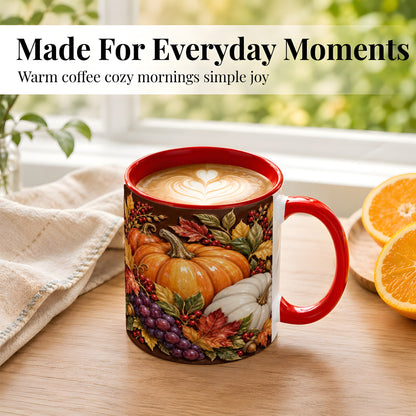 #pl[11oz|Red] Ornate Pumpkin Harvest Coffee Mug, Autumn Leaves Mug, Ceramic Cup
