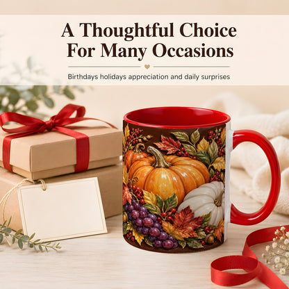 #pl[11oz|Red] Ornate Pumpkin Harvest Coffee Mug, Autumn Leaves Mug, Ceramic Cup