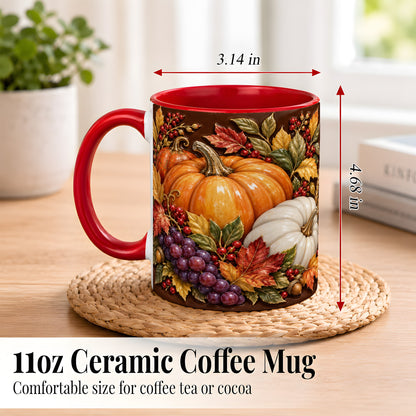 #pl[11oz|Red] Ornate Pumpkin Harvest Coffee Mug, Autumn Leaves Mug, Ceramic Cup