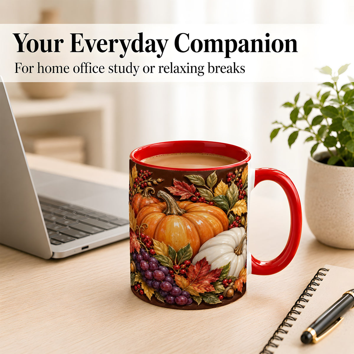 #pl[11oz|Red] Ornate Pumpkin Harvest Coffee Mug, Autumn Leaves Mug, Ceramic Cup