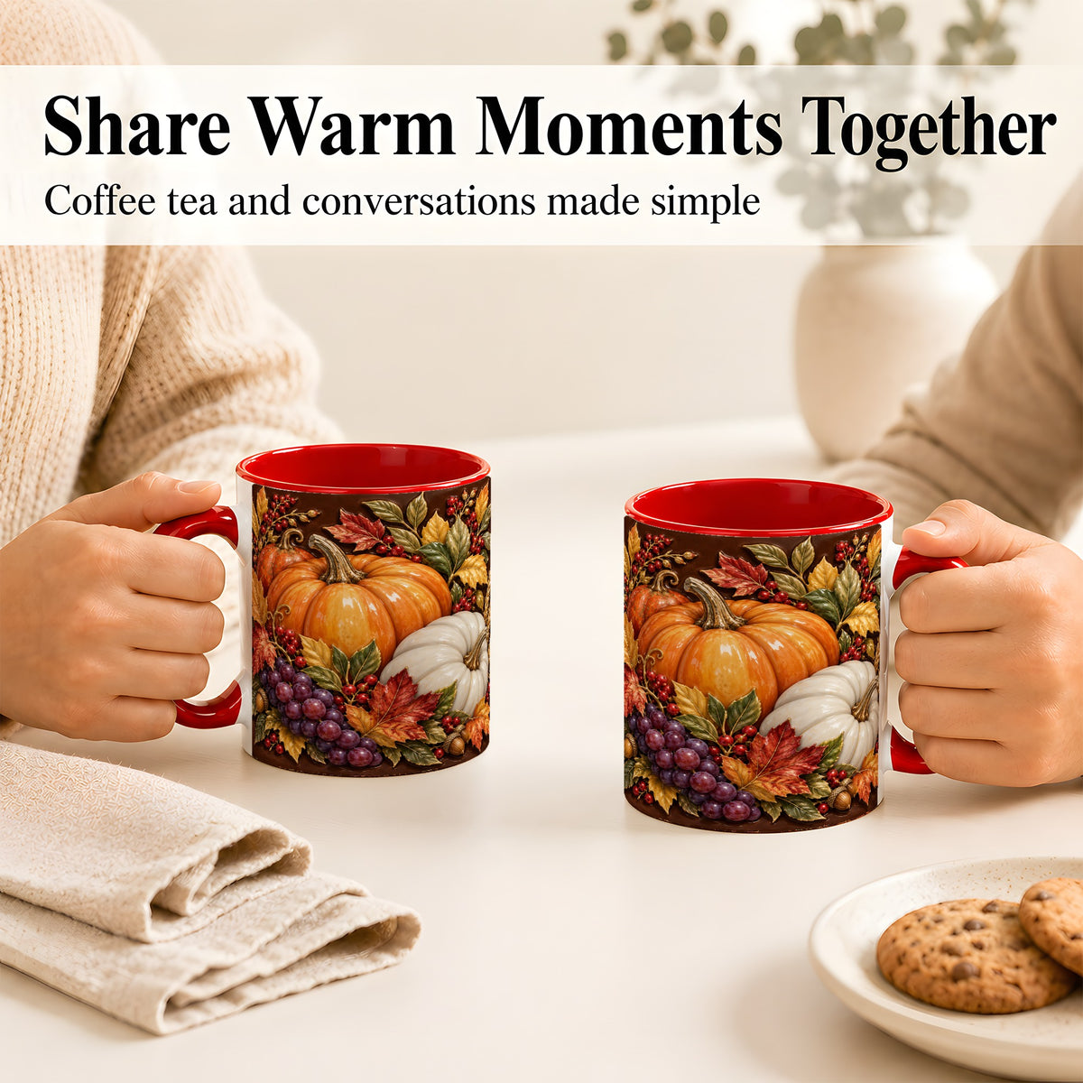 #pl[11oz|Red] Ornate Pumpkin Harvest Coffee Mug, Autumn Leaves Mug, Ceramic Cup