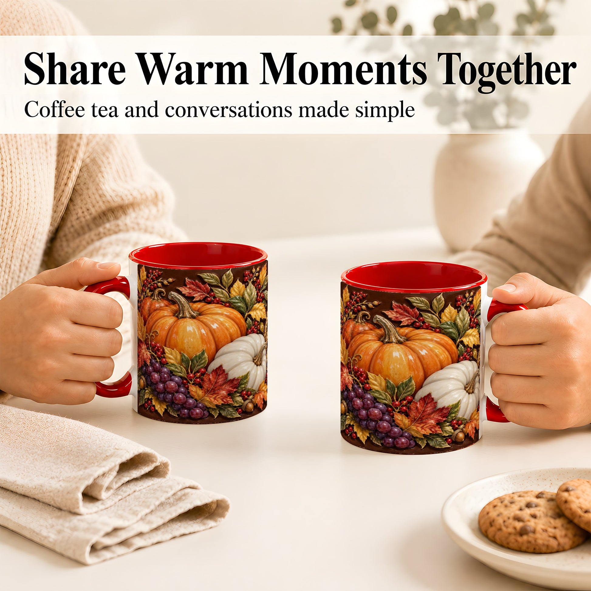 #pl[11oz|Red] Ornate Pumpkin Harvest Coffee Mug, Autumn Leaves Mug, Ceramic Cup