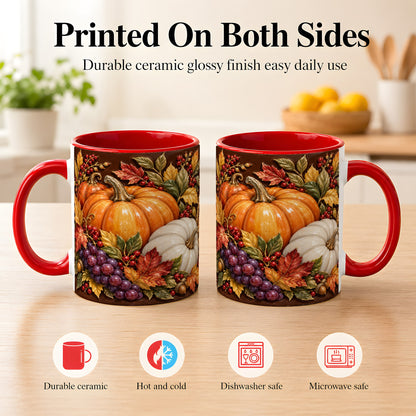 #pl[11oz|Red] Ornate Pumpkin Harvest Coffee Mug, Autumn Leaves Mug, Ceramic Cup