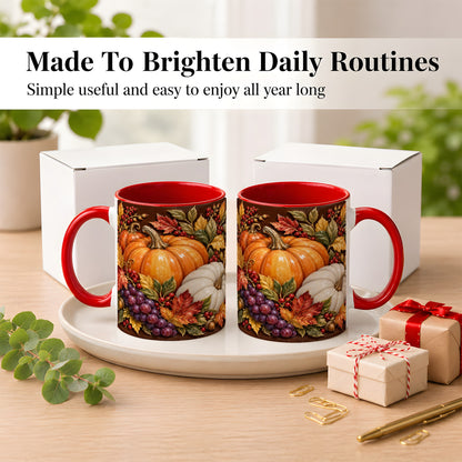 #pl[11oz|Red] Ornate Pumpkin Harvest Coffee Mug, Autumn Leaves Mug, Ceramic Cup