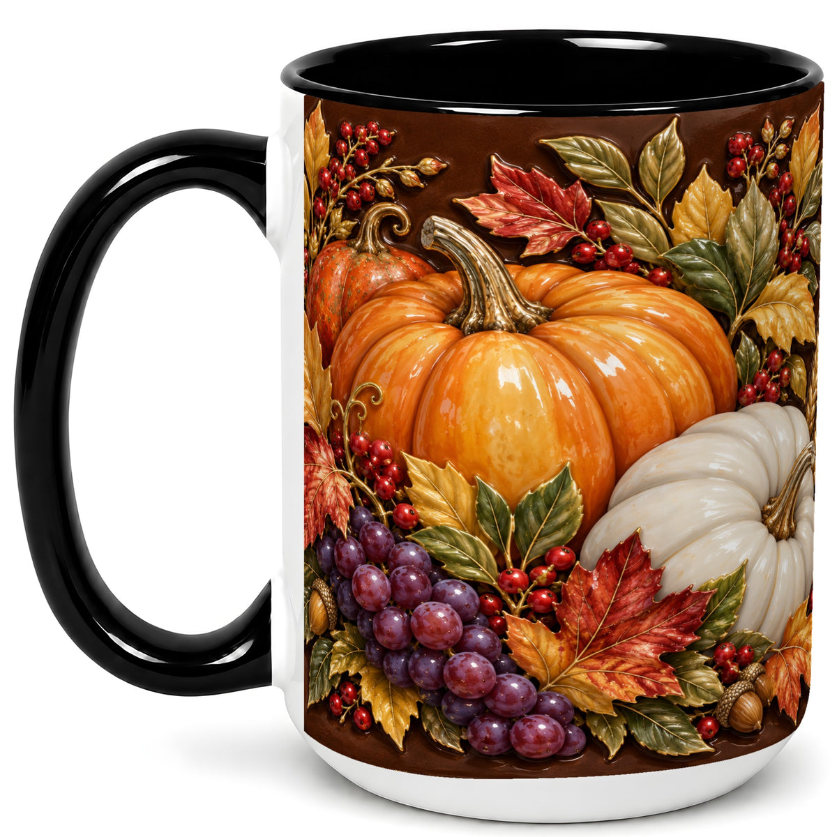 #pl[15oz|Black] Ornate Pumpkin Harvest Coffee Mug, Autumn Leaves Mug, Ceramic Cup