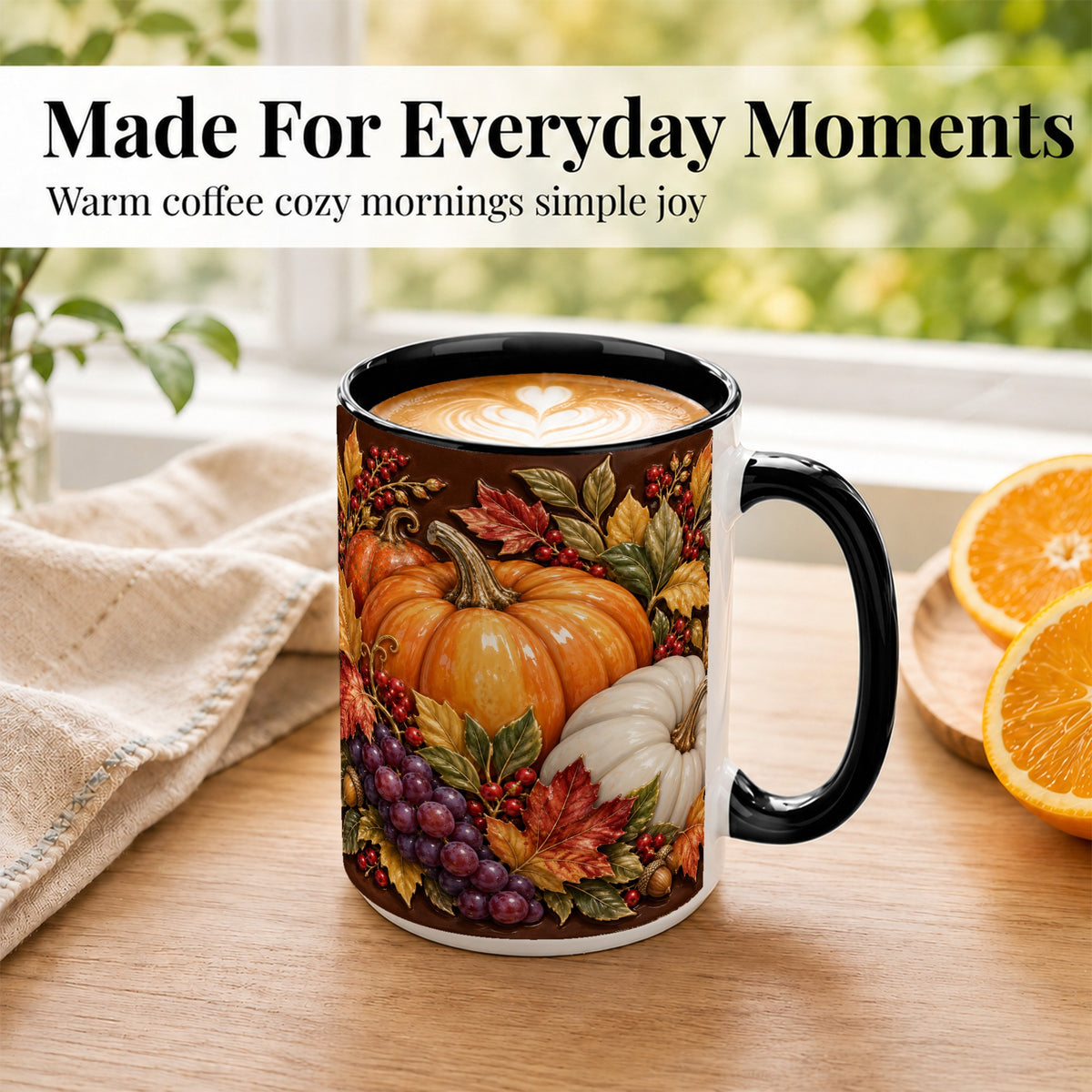 #pl[15oz|Black] Ornate Pumpkin Harvest Coffee Mug, Autumn Leaves Mug, Ceramic Cup