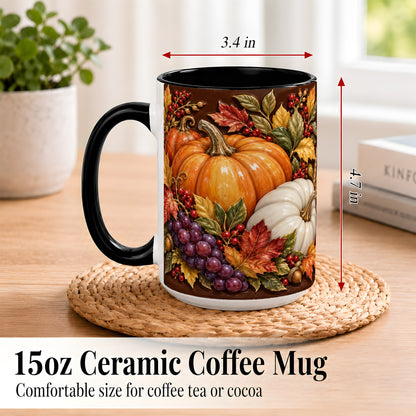 #pl[15oz|Black] Ornate Pumpkin Harvest Coffee Mug, Autumn Leaves Mug, Ceramic Cup