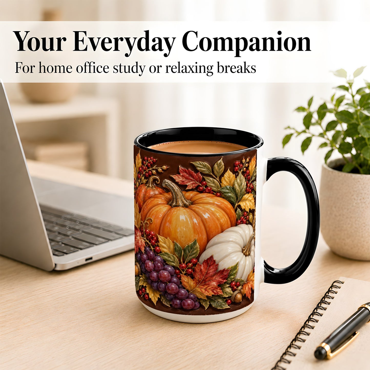 #pl[15oz|Black] Ornate Pumpkin Harvest Coffee Mug, Autumn Leaves Mug, Ceramic Cup