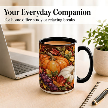 #pl[15oz|Black] Ornate Pumpkin Harvest Coffee Mug, Autumn Leaves Mug, Ceramic Cup