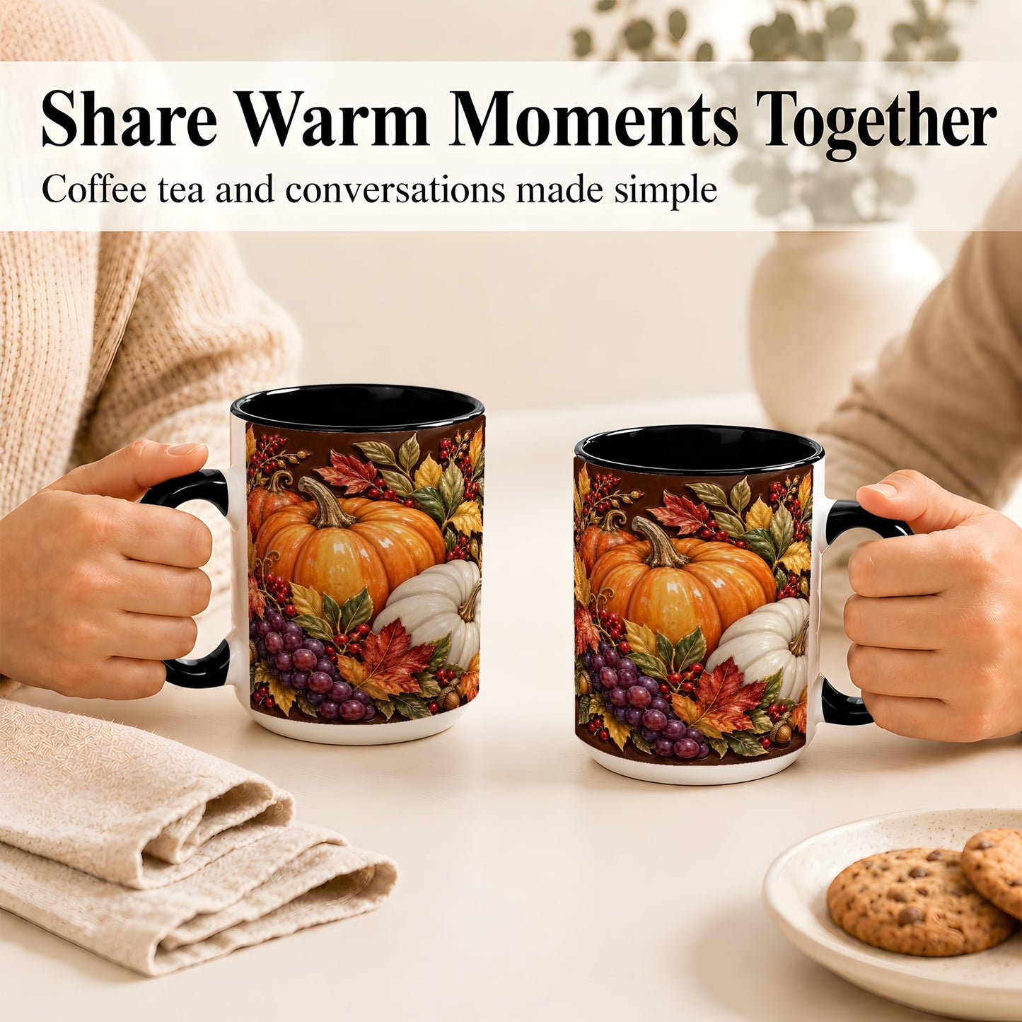 #pl[15oz|Black] Ornate Pumpkin Harvest Coffee Mug, Autumn Leaves Mug, Ceramic Cup