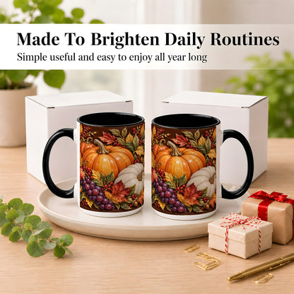 #pl[15oz|Black] Ornate Pumpkin Harvest Coffee Mug, Autumn Leaves Mug, Ceramic Cup