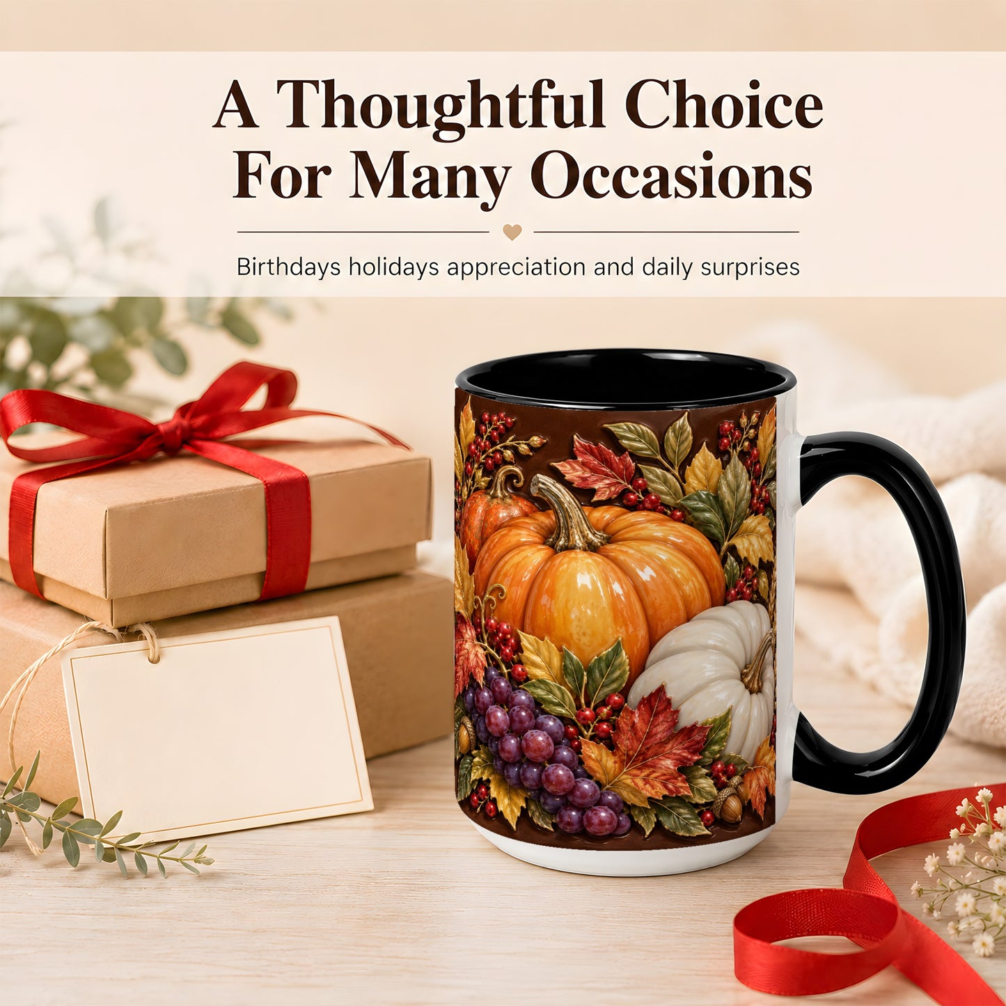 #pl[15oz|Black] Ornate Pumpkin Harvest Coffee Mug, Autumn Leaves Mug, Ceramic Cup