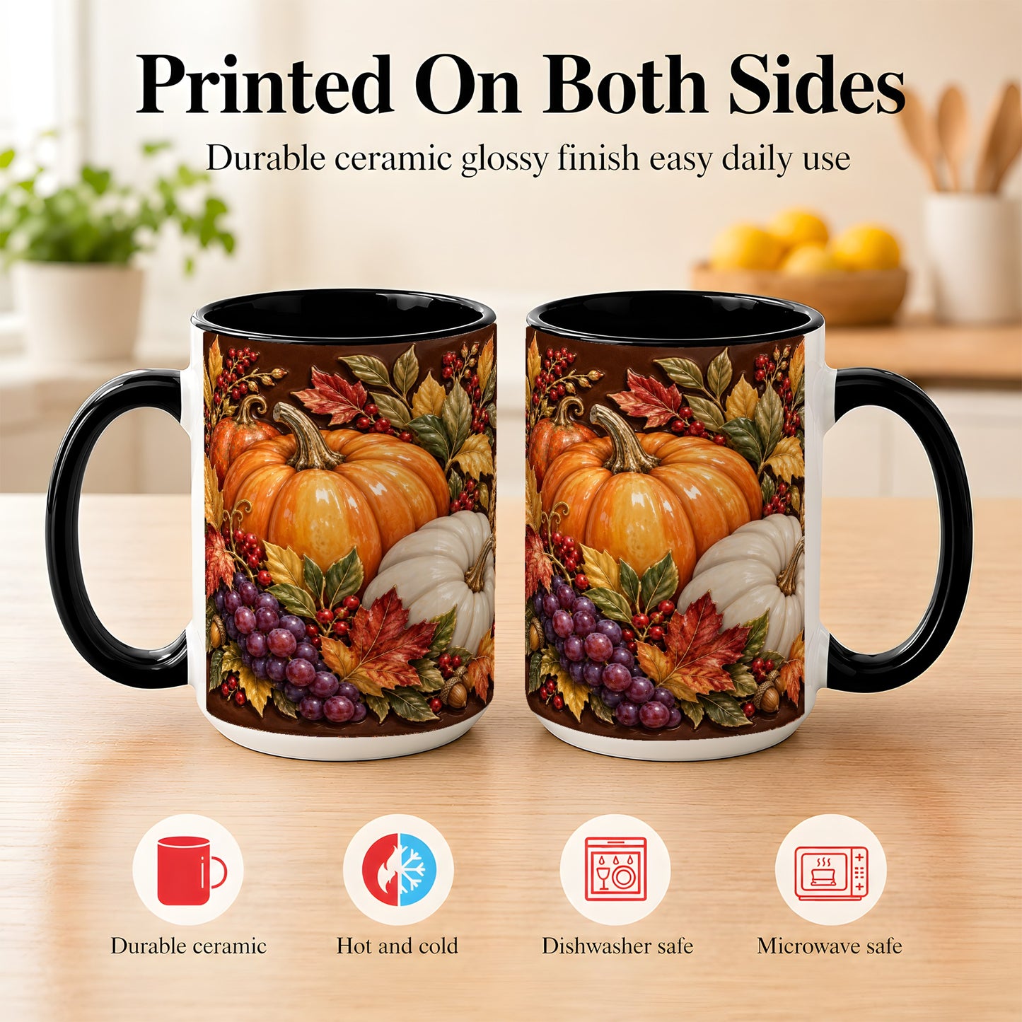 #pl[15oz|Black] Ornate Pumpkin Harvest Coffee Mug, Autumn Leaves Mug, Ceramic Cup